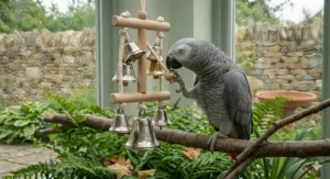 A hanging wind chime toy with safe, non-toxic metal rods for parrot sound exploration.