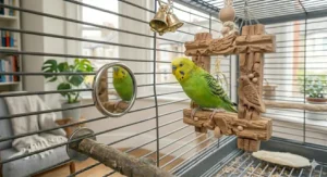 A healthy, happy budgie chirping at its reflection in a small, secure mirror toy.
