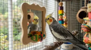 An intimate, realistic close-up capturing the bird’s beak pushing against a miniature cardboard foraging puzzle made from shredded paper and cardboard tubes.
