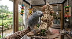Large parrot climbing on a safe, soft cotton rope toy in the aviary.