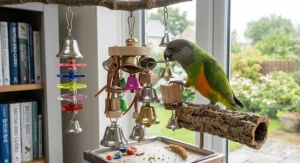 A bird enjoying an interactive bell toy setup to prevent boredom and encourage active play.