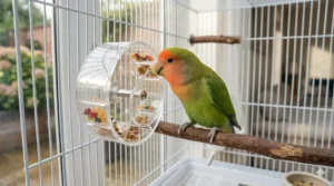 A lovebird actively foraging for treats inside a safe, interactive enrichment toy.