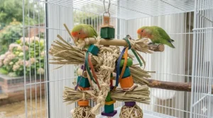 Two lovebirds exploring a complex wooden and rope enrichment toy designed for shredding and activity.