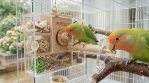 A lovebird working on a wooden puzzle toy filled with natural materials and shells for mental stimulation.