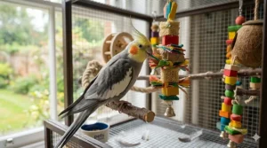 A candid photo from inside the enclosure, with the cockatiel looking into a small, well-placed, bird-safe mirror and seeing its reflection, displaying curious social behaviour.
