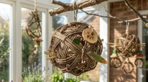 A complex multi-textured grapevine toy featuring wood and sisal rope to help maintain a bird's beak health.