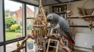 A metal bell toy hanging in a cage, designed for auditory stimulation for parrots.