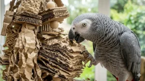 An African Grey parrot exploring a cardboard foraging toy filled with treats.