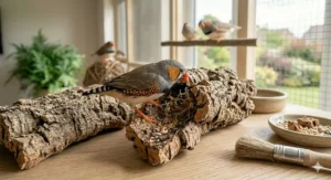 A piece of natural, clean cork bark serving as a sensory toy for finches to explore and peck.