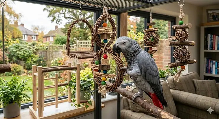 A collection of natural, sustainable grapevine bird toys hanging in a parrot cage, promoting healthy chewing and environmental enrichment. BWOGUE Natural Grapevine Cage Perch