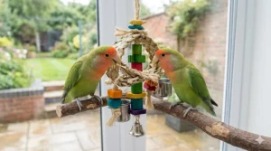 Two lovebirds playing with a safe, untreated seagrass and paper shredding toy hung in a modern cage.