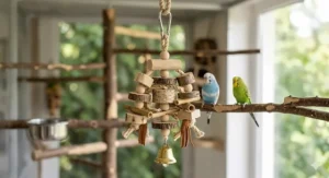 Natural wood bird toy with a brass bell, ideal for safe chewing and auditory stimulation.