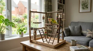 Natural wooden budgie play gym featuring multiple perches, a swing, and climbing ladders for bird enrichment.