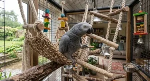 A large parrot using a foraging toy to find treats, providing mental stimulation.