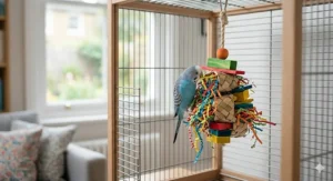 A close-up of a natural wood bird swing hanging by sisal rope, decorated with colourful wooden beads and river stones, featuring a small brass bell.