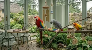 An African Grey parrot gently interacting with a hanging bell toy in its enclosure.