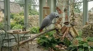 Two parakeets exploring a variety of musical and percussive toys for cage enrichment.