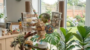 A green-cheeked conure holding a small woven vine ball toy in its foot.