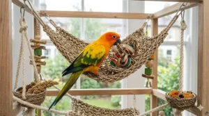 Sturdy, natural sisal rope swing providing exercise and a comfortable perch for an active pet parrot.
