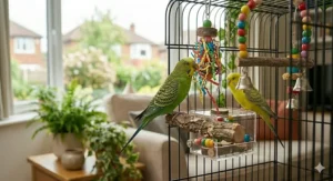 A variety of rotated toys for budgies placed in a cage to prevent boredom and maintain high mental stimulation.