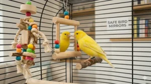 A bird-safe mirror toy for canaries, securely attached to the side of the cage.