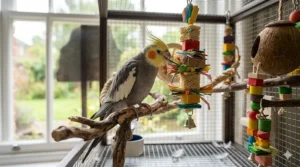 An eye-level photograph focusing on the cockatiel diligently chewing a specific colourful wooden block stack, showing fine wood grain, natural light catching individual feather barbs, and the texture of the chew toy.