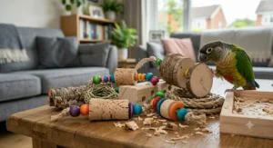 A variety of small, safe foot toys including cork and balsa wood pieces for conures to grasp and toss.