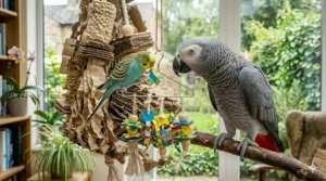 Handcrafted cardboard toy showing safe, unprinted materials for parrot health.