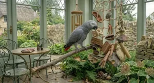 A close-up showing zinc-free and lead-free materials used in safe parrot musical toys.