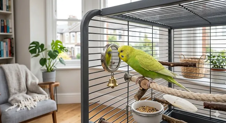 A budgie interacting with a bird-safe, shatterproof mirror toy attached to the side of a cage. mirror toys for budgies