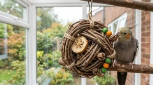 A safe, non-toxic grapevine swing toy hanging centrally in a bird cage to provide exercise and stimulation.