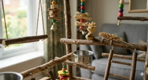 Close-up of safe, non-toxic natural wood used in the construction of the budgie play gym.