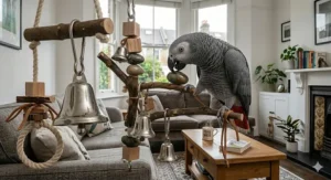 A safe stainless steel bell for parrots with a robust, non-removable clapper design.