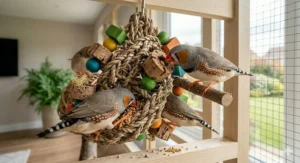 A gentle, safely suspended swing toy constructed from non-toxic materials, perfect for finch play and exercise.