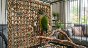 A natural, eco-friendly seagrass mat climbing wall installed in a cage to encourage physical activity.