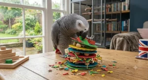 A photorealistic view of the African Grey parrot actively shredding a piece of green and red cardboard from the multi-layered puzzle toy.