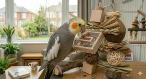 A cockatiel focused on an interactive maze toy, highlighting the importance of mental stimulation for pet cockatiels.