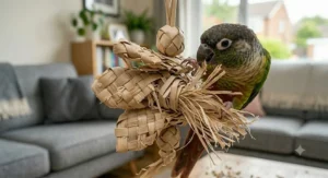 A handheld, shreddable palm leaf toy, perfect for a conure’s natural preening and destructive play habits.