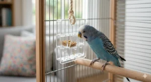 A vibrant shredding toy made of woven palm leaves, small brightly coloured wooden blocks, and paper, hanging from the top of a wooden bird cage.