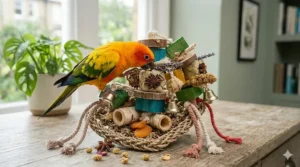 Colourful, shreddable paper and seagrass toy perfect for medium parrots that love to preen and tear.