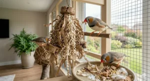 A safe, paper-based shredding toy designed to keep pet finches mentally engaged and active.