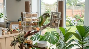 A conure exploring a multi-tiered clear acrylic drawer system filled with natural shredding materials.