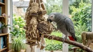 A simple, budget-friendly cardboard tube shredding toy being chewed by a parrot.