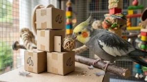 A detailed shot of the cockatiel lower down, using its feet to hold and manipulate a specialised array of colourful, non-toxic small foot toys like woven balls and plastic gears.