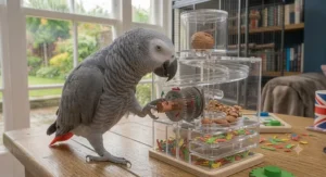 A photorealistic view of the African Grey parrot from a new angle, gripping the lower part of the complex sound-making bell and chime sensory toy.