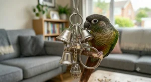 An interactive stainless steel bell toy that provides engaging auditory stimulation for pet conures.