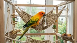Engaging stainless steel bell toy that creates satisfying sounds for curious and playful medium parrots.
