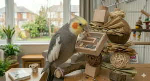 A curious cockatiel playing with a sliding wooden puzzle toy, designed to provide rewarding activity and mental engagement.