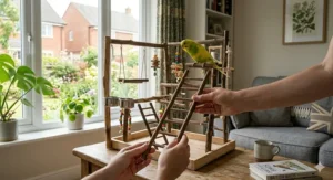 Sturdy, non-slip base of the budgie play gym, suitable for use as a tabletop stand.