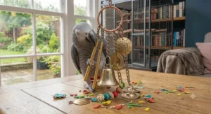 A photorealistic mid-wide shot of the African Grey parrot actively climbing and foraging within the suspended natural rope climbing net, with the chimes and cage visible.
